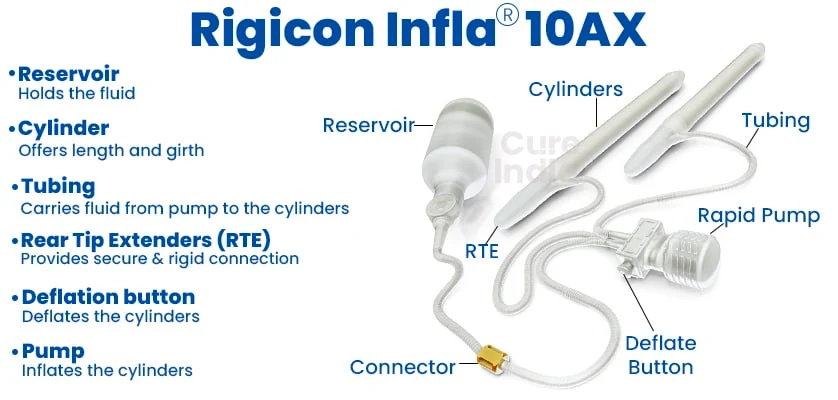 Components of an Rigicon Infla10 AX Penile Implant
